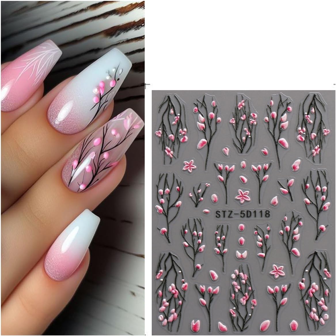 JMEOWIO 3D Embossed Flower Nail Art Stickers Decals Self-Adhesive 5D Spring Summer Floral Nail Supplies Nail Art Design Decoration Accessories 4 Sheets