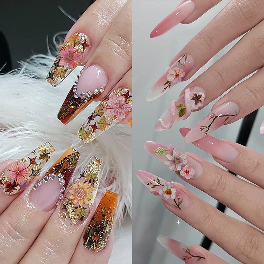 600Pcs 3D Flower Nail Art Charms Sequins Decals Colorful Mixed Daisies Flowers Leaves Design Slice Nail Flowers Ultra Wood Pulp Flakes Sequins 5