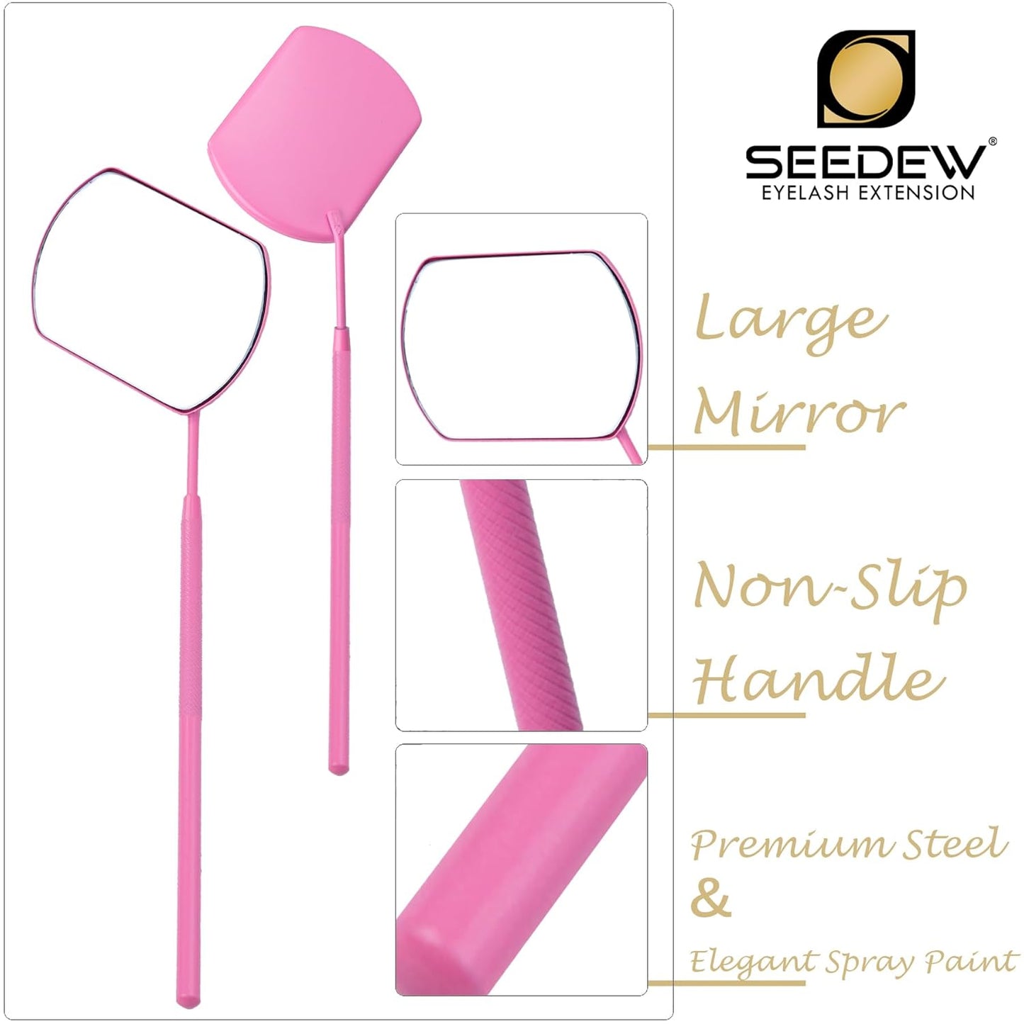 Lash Mirror 14CM Handle Square Shape (Pink) (Simple Packaging)