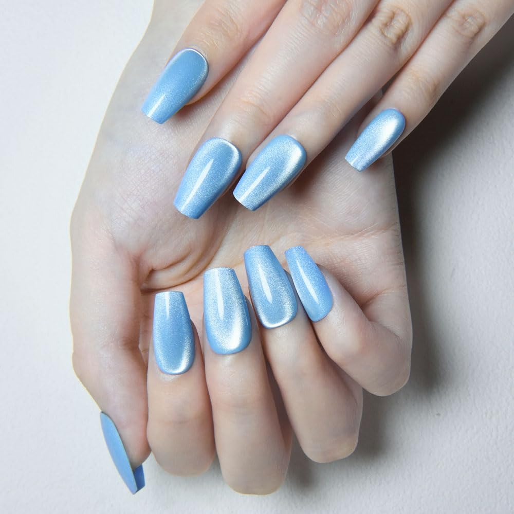 evpct Sky Blue Cat Eye Coffin Press on Nails Square Medium, Medium Square Glue on Nail for Women Gift, Sky Blue Metallic Glitter Glossy Reusable Summer Soft Gel Press on Acrylic Fake Nail with Designs