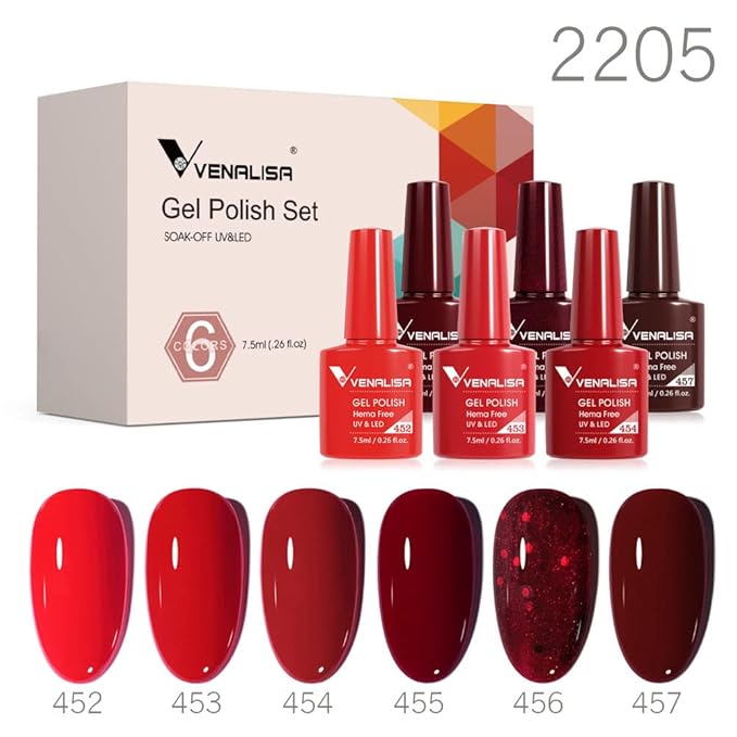 VENALISA Hema-Free Red Gel Nail Polish Set- 6 Colors Popular Red Burgundy Glitter Gel Polish Kit, DIY at Home Salon Christmas New Year's Gifts for Girls