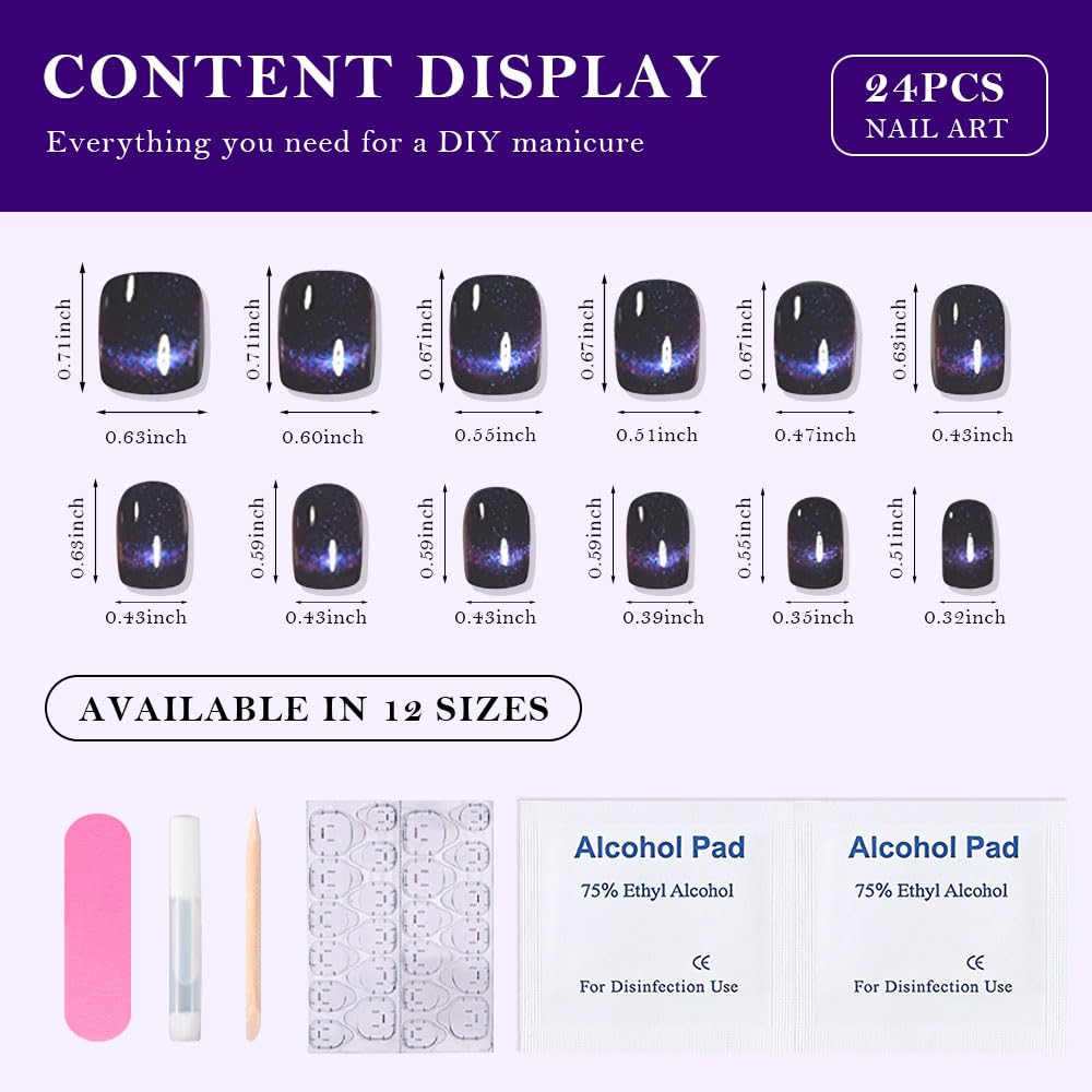evpct Dark Blue Cat Eye Extra Short Press on Nails Square, Petite Short Square Glue on Nails for Women Gift, Smile Purple Metallic Glitter Glossy Reusable Gel Press on Acrylic Fake Nail with Designs