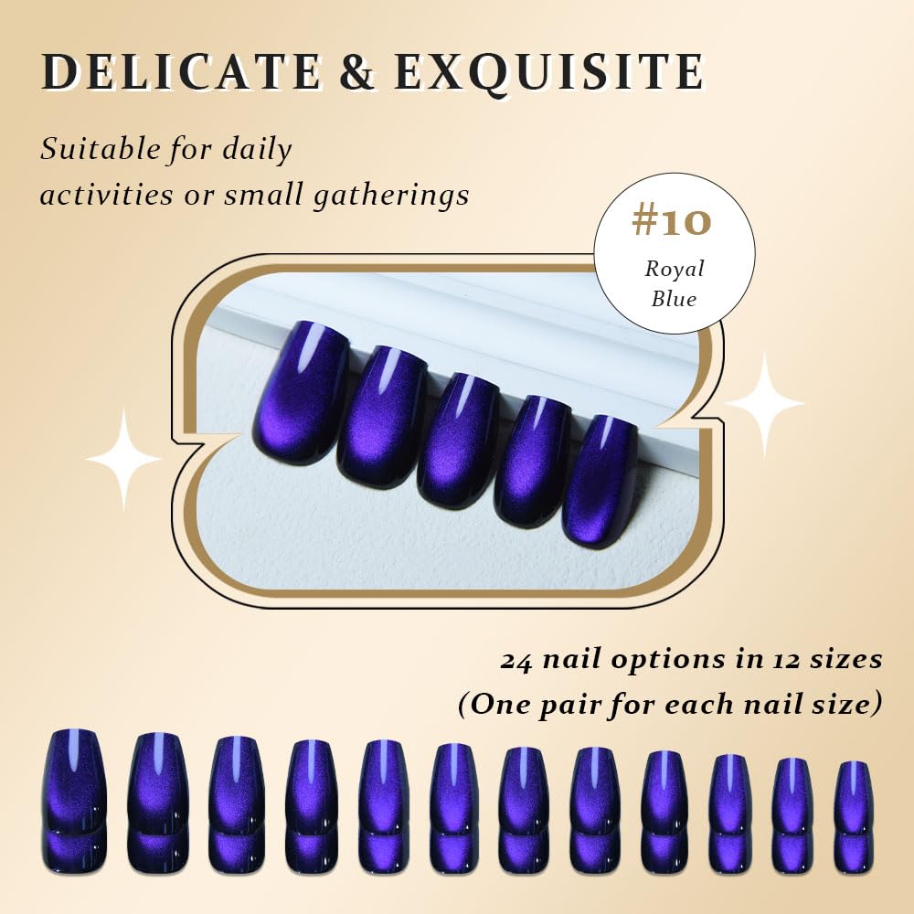evpct Royal Blue Cat Eye Coffin Press on Nails Square Medium, Medium Square Glue on Nail for Women Gift, Royal Blue Metallic Glitter Glossy Reusable Soft Gel Press on Acrylic Fake Nails with Designs