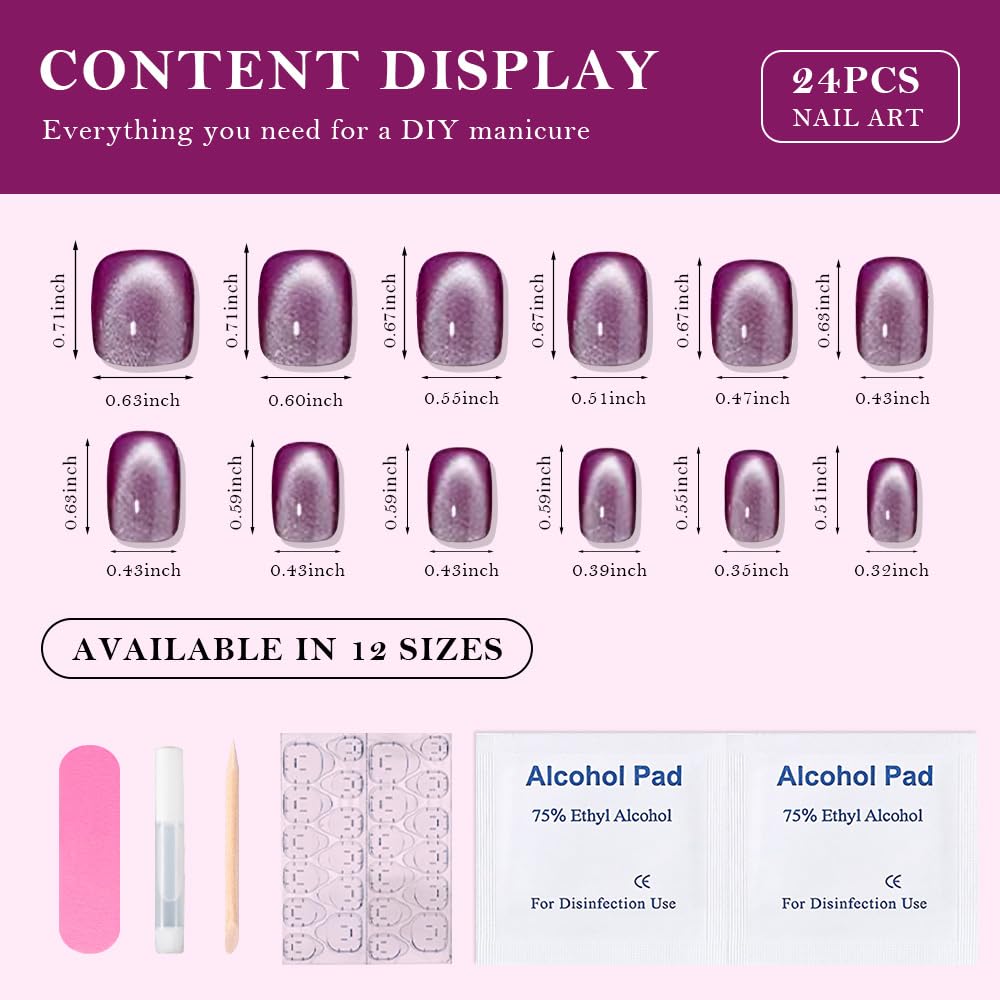 evpct Purple Cat Eye Short Press on Nails Square, Petite Short Square Glossy Nails with Designs for Women, Light Lavender Purple Glue on Glitter Reusable Gel Press on Acrylic Fake Nail Holographic
