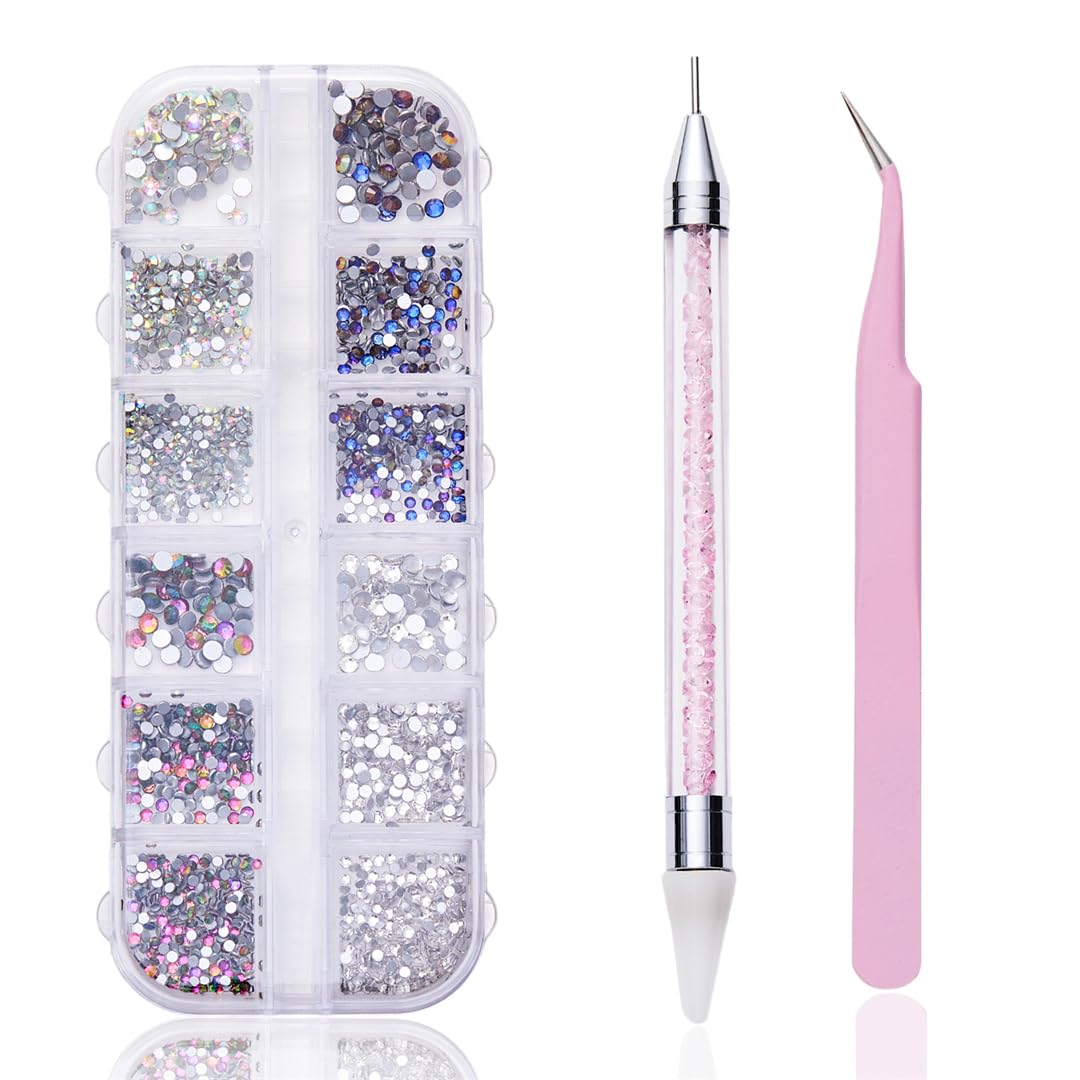 12 grid flat back Rhinestones with Tweezers and Wax Pencil Gems , DIY decorative Nail Face and apparel accessories (crystal,crystal AB,five color and blue flame)
