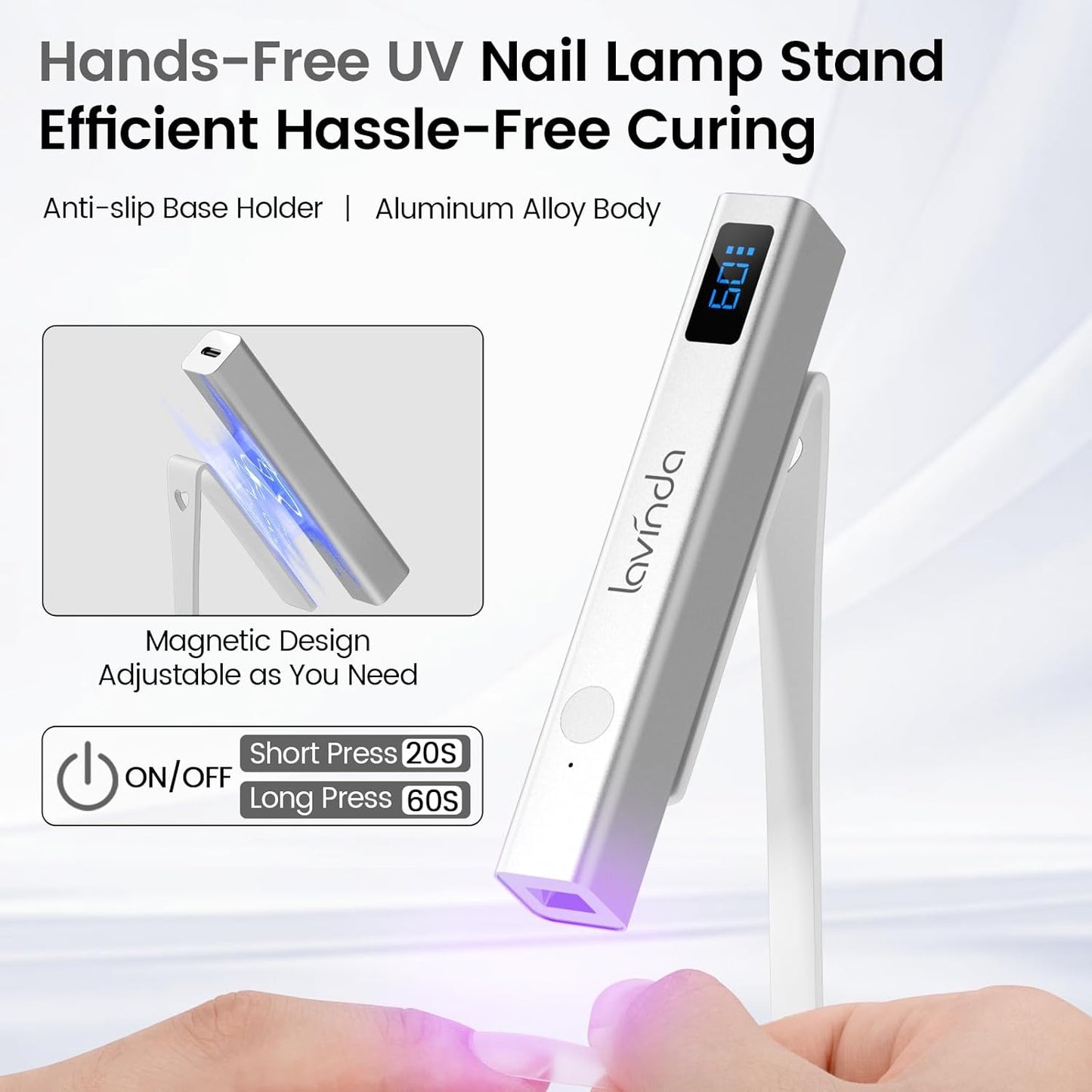 Lavinda Handheld UV Light for Gel Nails with Stand, Mini Nail Lamp with LCD Display, Portable Cordless Rechargeable UV Led Nail Lamp Nail Dryer for Fast Curing Gel Polish for Home DIY Manicure