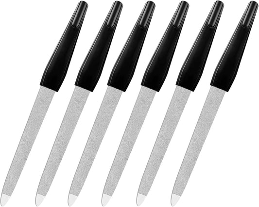 Fingernail Files (6 Pack), Metal Nail Files for Natural Nails Stainless Steel 6 Inch Nail File with Sharp Pointed Tip Non Slip Handle, Finger Nail Filers for Women Sapphire Grit Sword Diamond Black