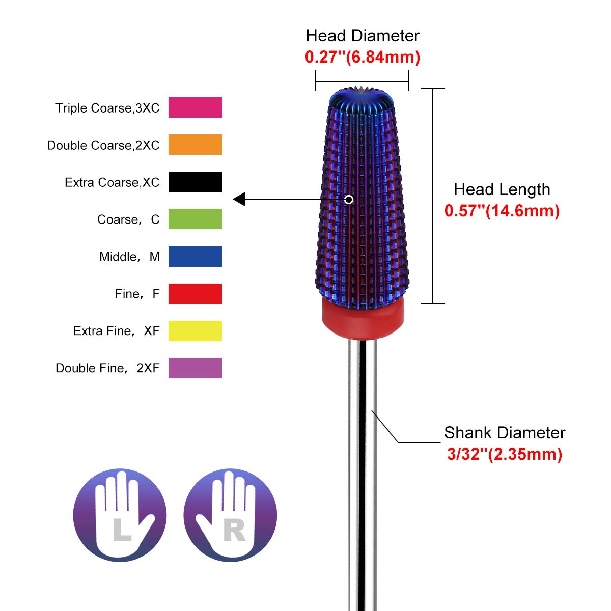 Lavinda 5 in 1 Fine Grit Tapered Nail Drill Bit for Acrylic Gel Removal Carbide Tungsten Steel Left Right Hand Use Professional Nail Tech Tools 3/32" (Fine, Purple)