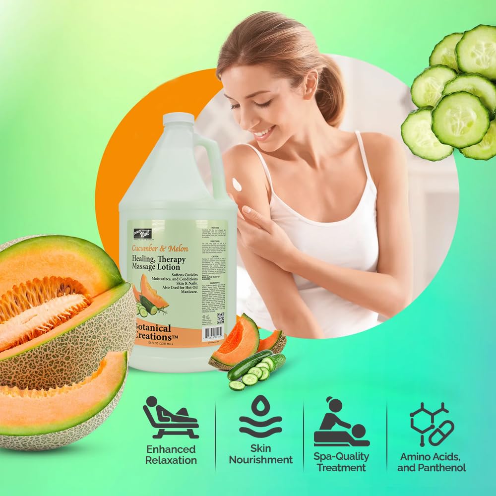 PRO NAIL - Healing Therapy Massage Lotion - Professional Pedicure, Body and Hot Oil Manicure, Infused with Natural Oils, Vitamins, Panthenol and Amino Acids (Cucumber and Melon, 1 Gallon)