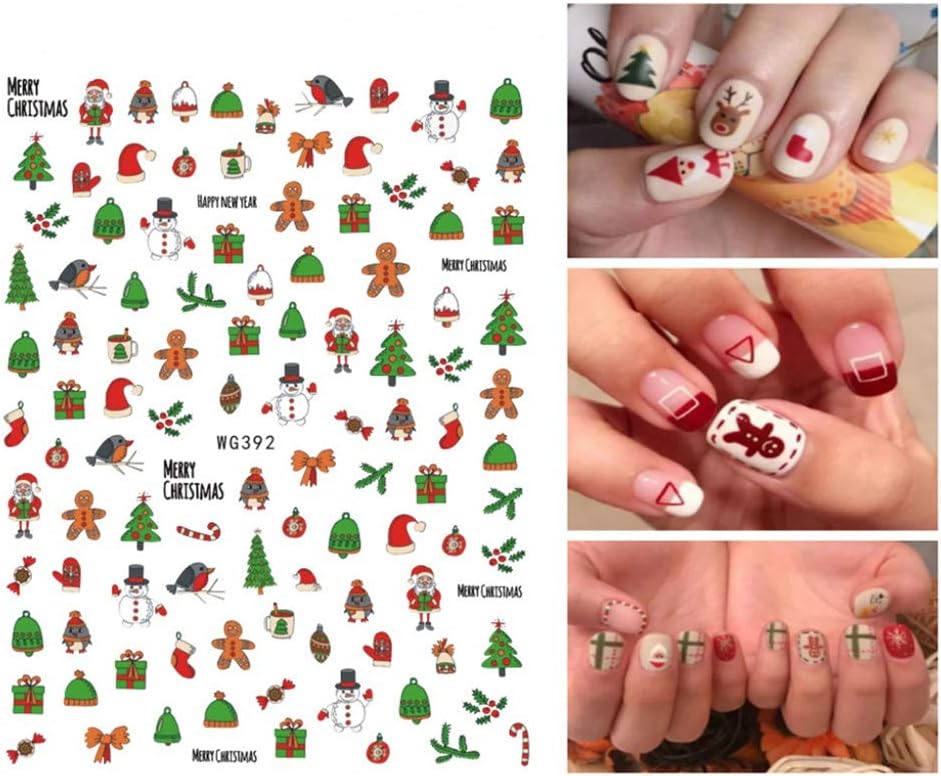 6 Sheets Christmas Nail Art Stickers 3D Snowflake Self-Adhesive Nail Decals Tree Bell Santa Claus Elk Sock Designs Sticker Xmas Winter Nails Supplies for Fingernails & toenail Charms Nail Art Decor