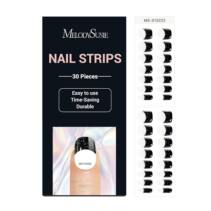 MelodySusie 30PCS Semi Cured Gel Nail Strips (Glitter Black French Tips), Salon Quality, Long Lasting, Easy to Apply and Remove, Includes 2 Prep Pads, Nail File and Wooden Stick