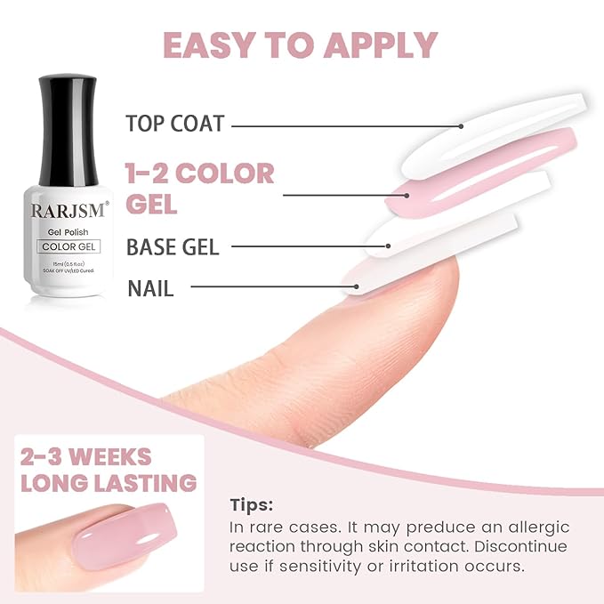 RARJSM Nude Rosy Pink Gel Nail Polish Soft Jelly Neutral Skin Tone Sheer Milky Creamy Nudegel 1PC 15ml Single Bottle Transparent French Manicure Soak off UV LED Cured for Home Salon DIY