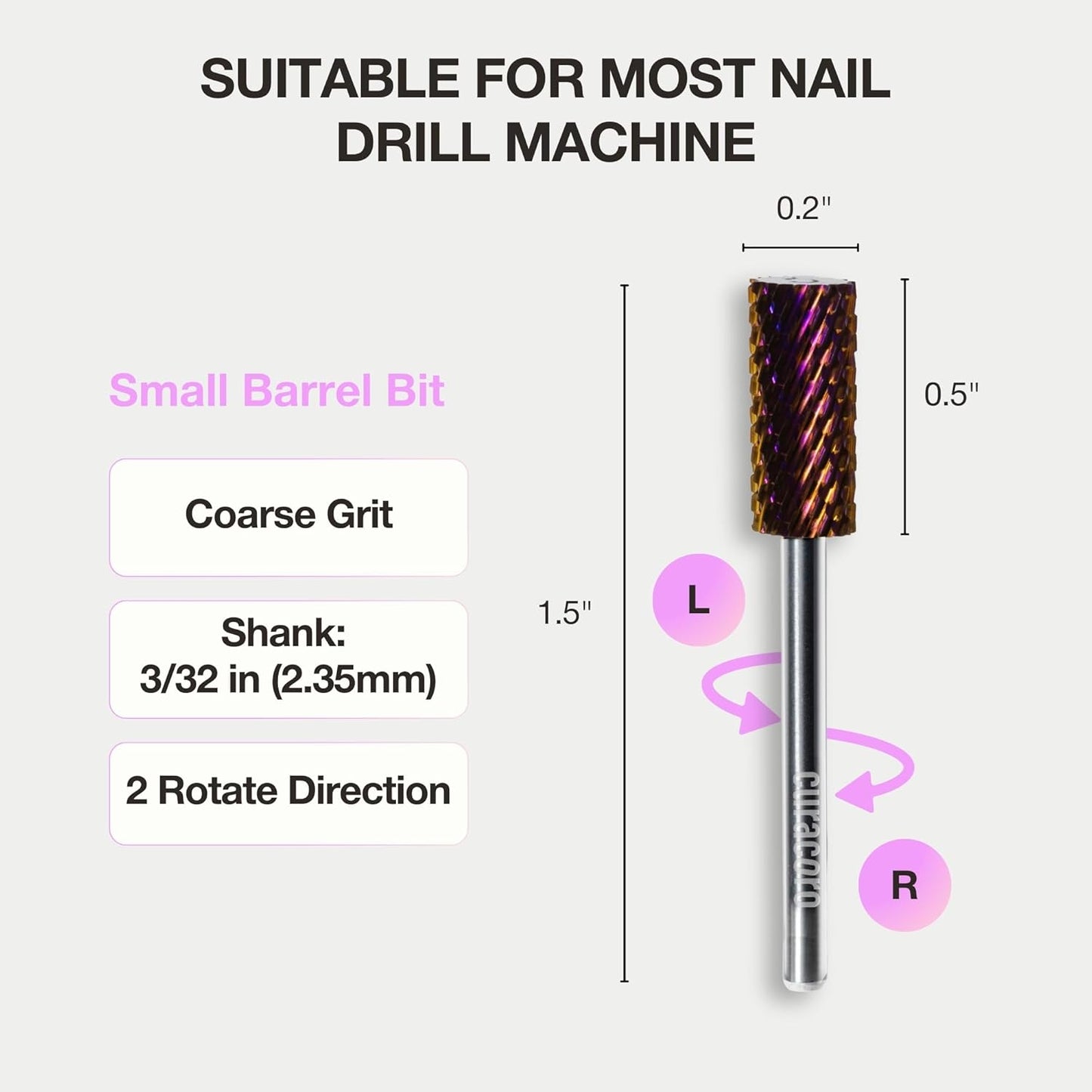 Curacoro Nail Drill Bits 3/32'' - Small Barrel Carbide Bit (Coarse) for Professional Finish, Precisely Remove, Shape & Smooth Acrylic or Gel Nails, Nail Art Pedicure Manicure Salon & Home