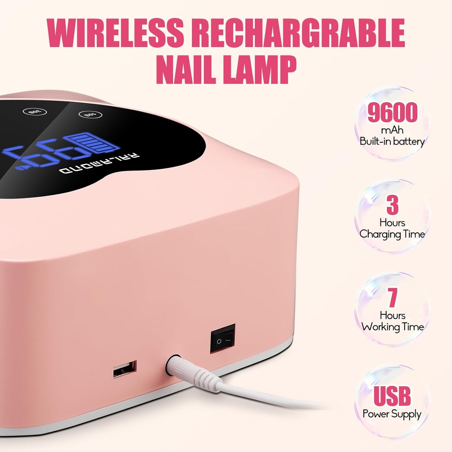 UV LED Nail Lamp, 72W Cordless UV Light for Nails, Rechargeable Nail Dryer with 5 Timer & Auto Sensor, Professional Fast Curing Gel Nail Lamp with Large Touch Display (Pink)