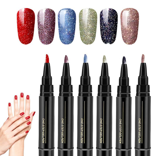 6 Colors Nail Art Pens Set, 3 in 1 Nail Polish Pens Quick Dry, One Step Nail polish Gel Pen, Salon Quality Nail Art Pen for Women (C)