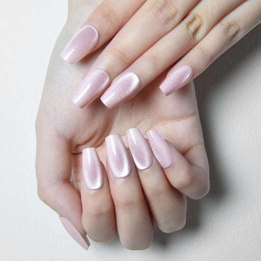 evpct Nude Cat Eye Coffin Press on Nails Square Medium, Medium Square Glue on Nail for Women Gift, Nude Metallic Glitter Glossy Reusable Summer Soft Gel Press on Acrylic Fake Nail with Designs