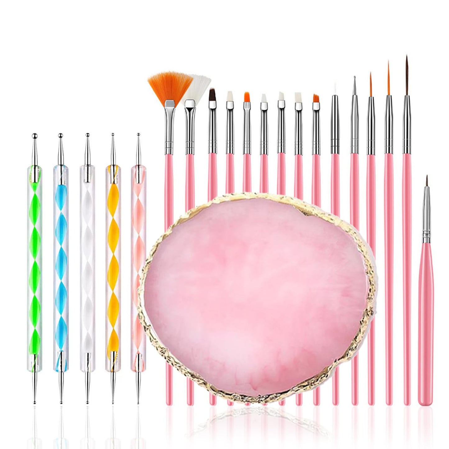 21Pcs Nail Art Brushes Set, 1 Resin Nail Art Palette, 5 Nail Art Dotting Pens, 15 Nail Art Brushes, Nail Polish Mixing Palette Double-Ended Dotting Pen Nail Liner Brush Nail Drawing Brushes