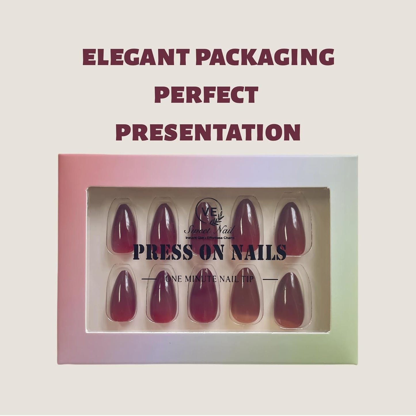 30PCS Short Almond Press-On Nails – Burgundy Fake Nails with 15 Sizes, Soft Back Edge & Durable Tip, No Measuring Needed, Reusable Stick-On Nail Tips for Women