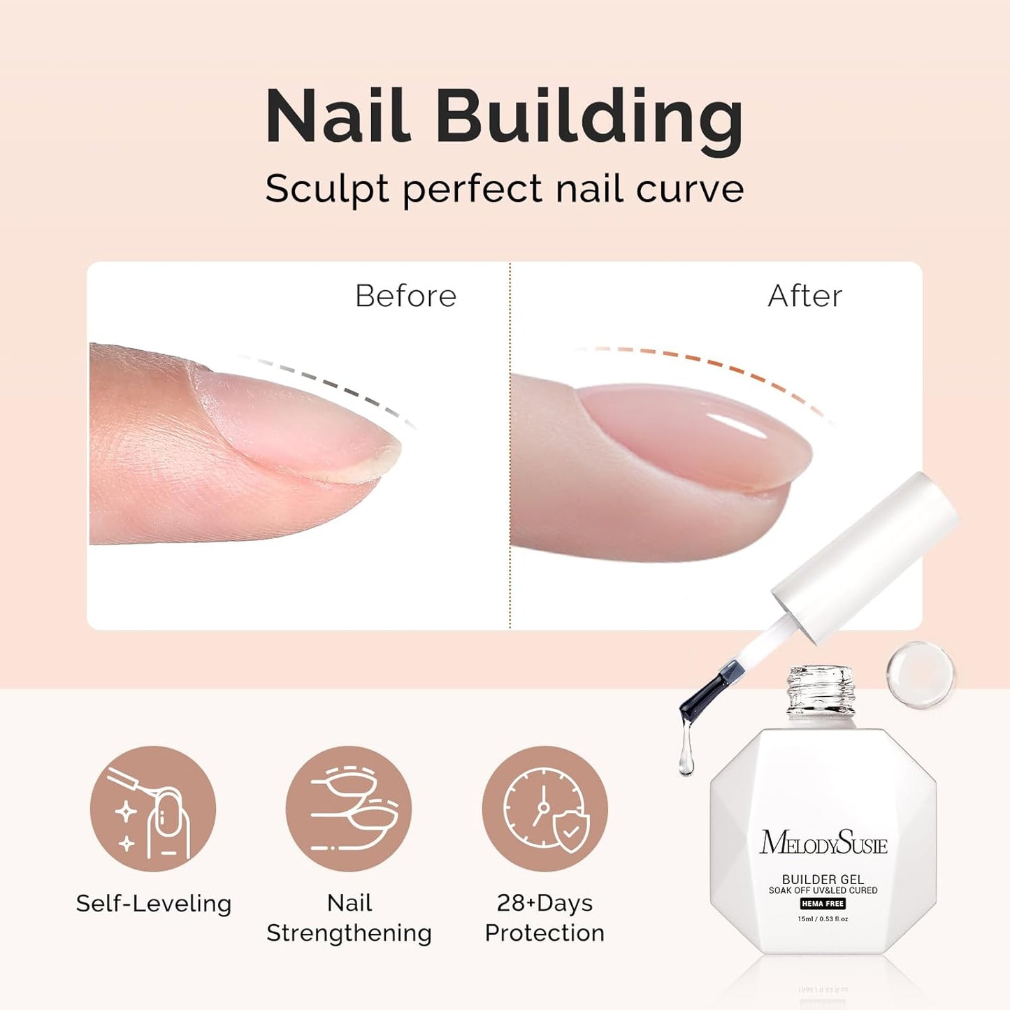 MelodySusie Hema Free Clear Builder Nail Gel for Nails Thickening, Tpo Free, 0.5 Fl Oz, Soak Off UV Extension Gel, Nail Art Design Salon DIY Manicure at Home for Women