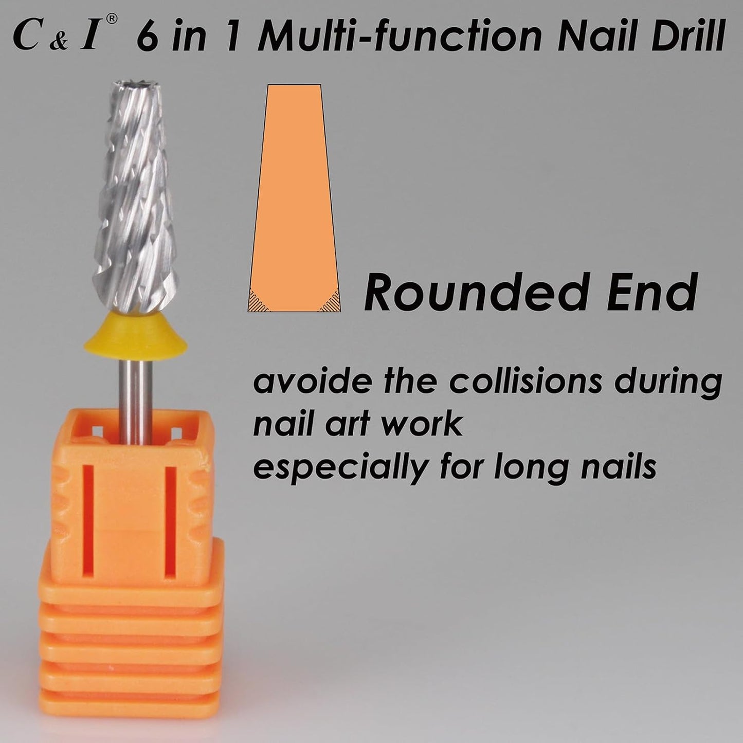 C & I Nail Drill Bit 6 in 1 Multi-function Rounded End E File, Tungsten Steel CNC Overall Cutting, Manicure Tool for Nail Tech Quick Remove Nail Gels, Acrylic Nails (Original, Double Coarse -XXC)