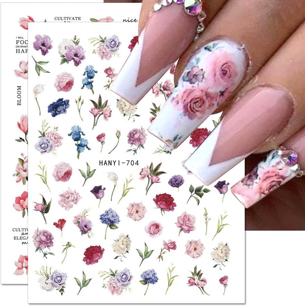 Dornail 8 Sheets 3D Flower Nail Stickers - Spring & Summer Colorful Floral Nail Art Stickers with Blooming Florals & Leaf Designs for DIY Nail Decorations