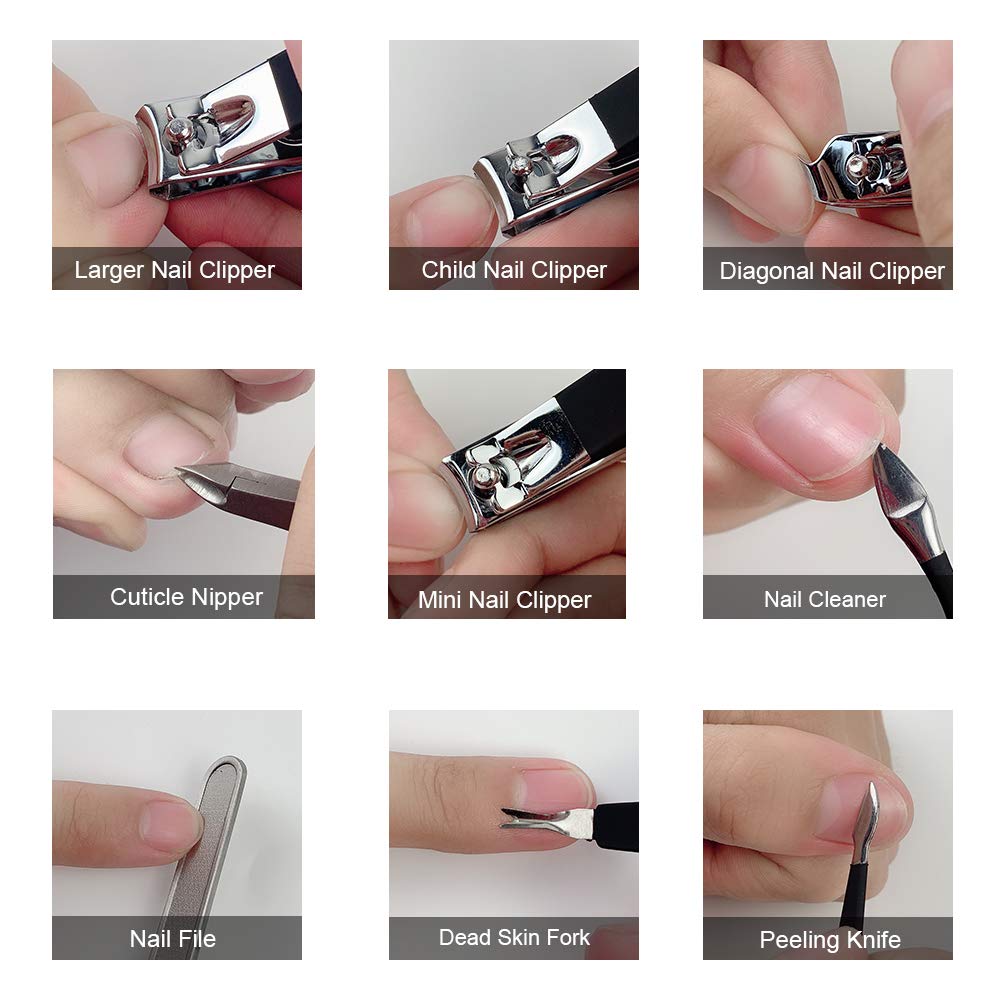 Professional Stainless Steel Nail Clipper Travel & Grooming Kit Nail Tools Manicure & Pedicure Set of 18pcs with Luxurious Case (Black/White)