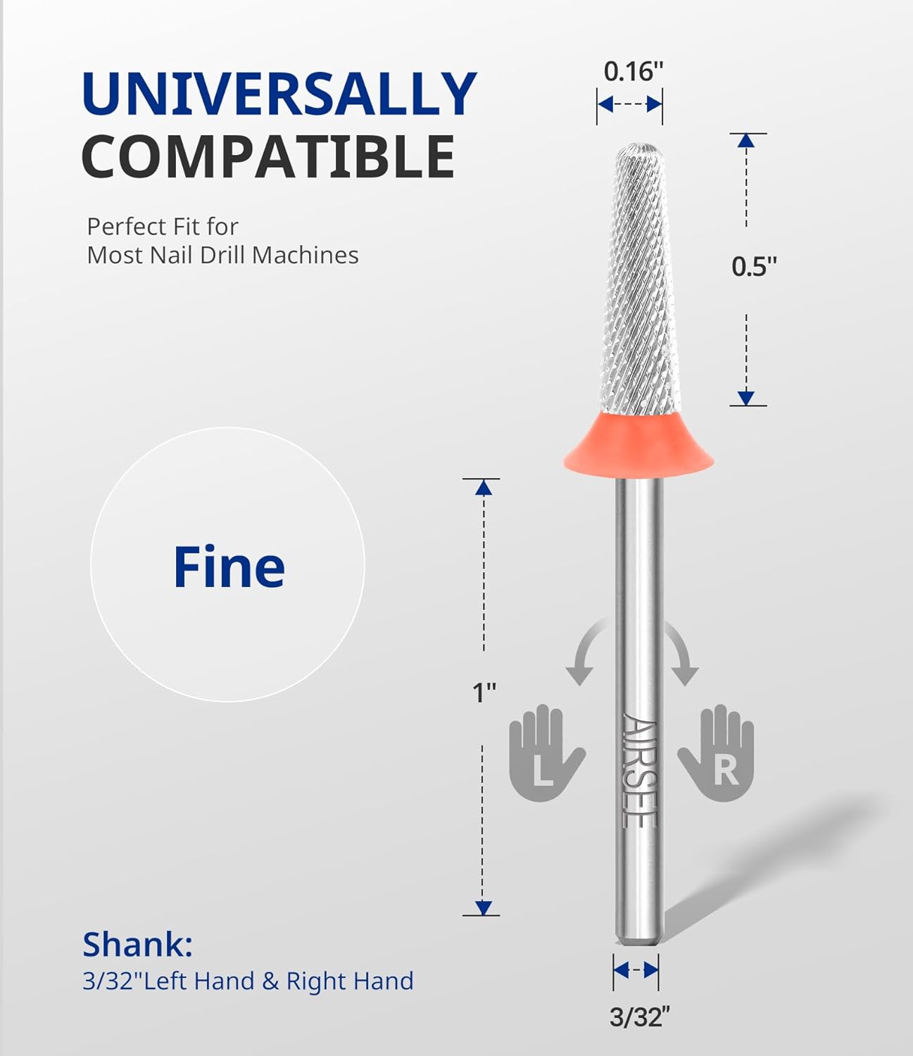 AIRSEE Tungsten Carbide Acrylic Nail Drill Bit Efile Electric File Machine Head Tip for Manicure Polishing Art Remove Gel 3/32" 2 Way Safety Use Ball Top Tapered Bit Cone Shape Fine-F