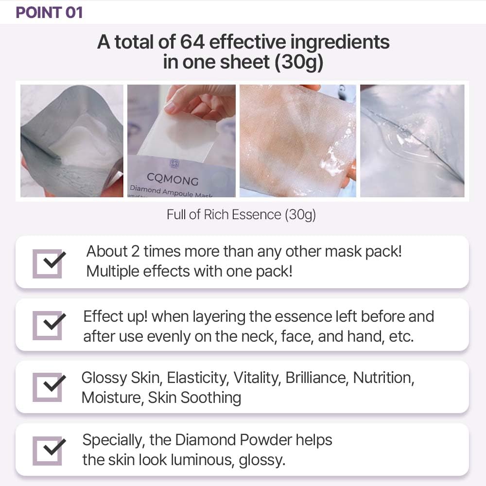 Diamond Ampoule Sheet Mask (30g x 10pcs), Korean Face Facial Masks, Glossy & Elastic Skin, Hydrating, Soothing, Nourishing, Collagen & Hyaluronic Acid, Smooth Sheet