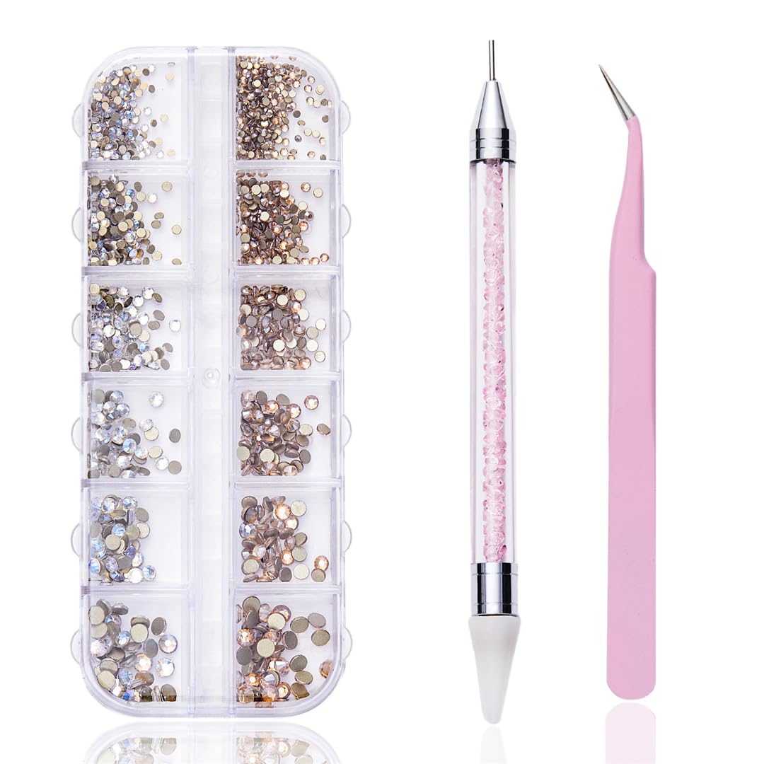 12 grid flat back Rhinestones with Tweezers and Wax Pencil Gems , DIY decorative Nail Face and apparel accessories (blue moonlight and champagne)