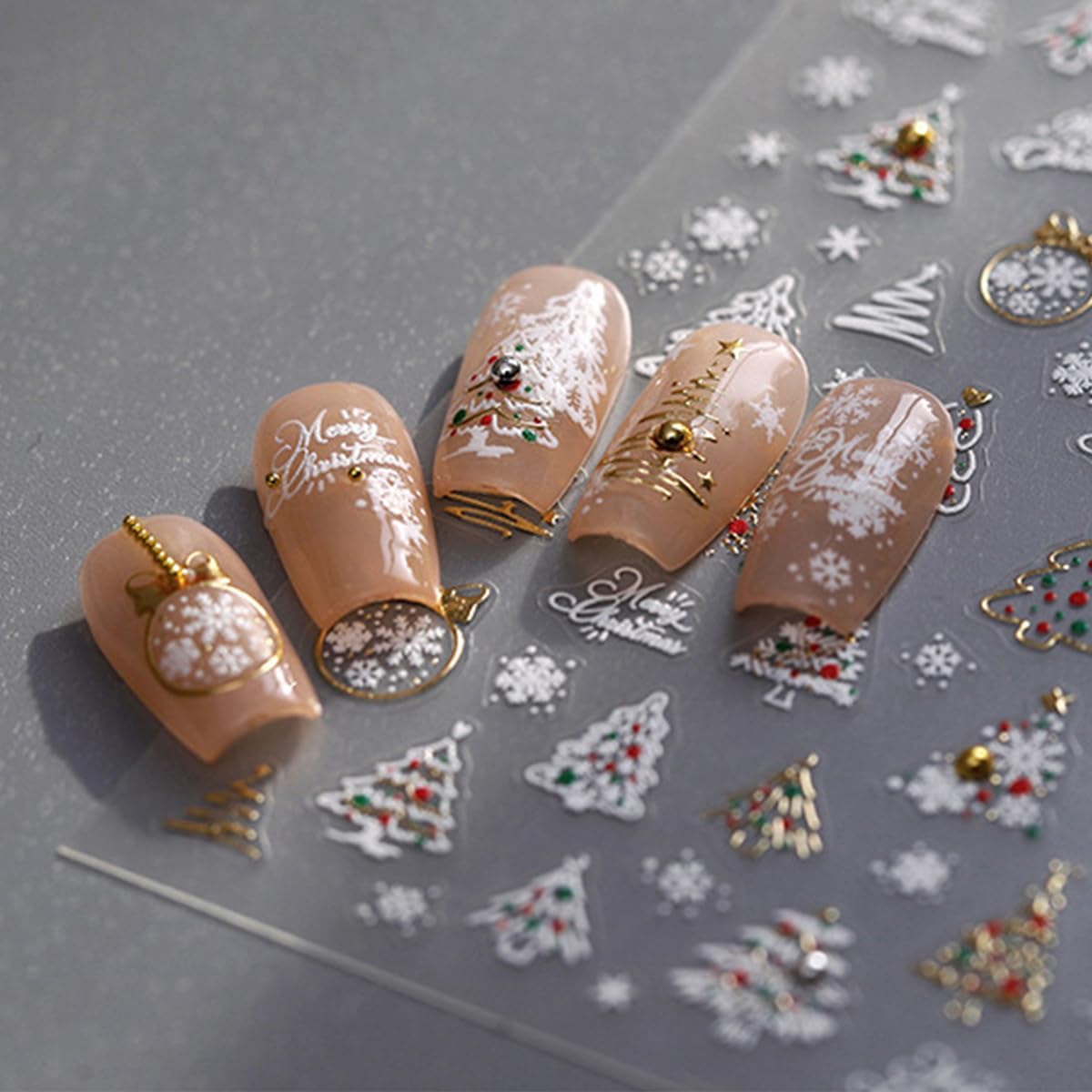 Christmas Nail Stickers 5D Embossed Xmas Tree Nail Decals with Rhinestones Snowflake Winter Nail Design Self-Adhesive Holiday Nail Art Decoration for Women Girls Nail Art Decoration