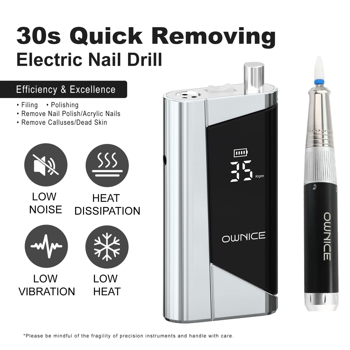Electric Professional Nail Drill 35000RPM Cordless Portable Nail E-File Buffer Tools with Bits Perfect for Salon Manicure Pedicure Acrylic, Gel, Natural Nails(Sky Silver)