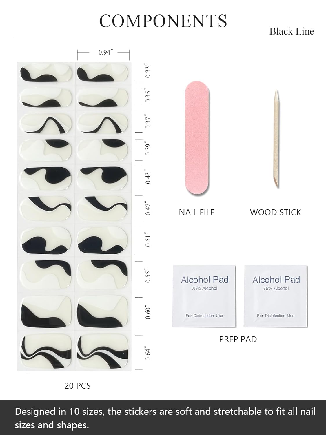 Semi Cured Gel Nail Strips (Black Line), 20 Pcs Gel Nail Wraps, Stickers, UV Light Required, Salon Quality, Long Lasting