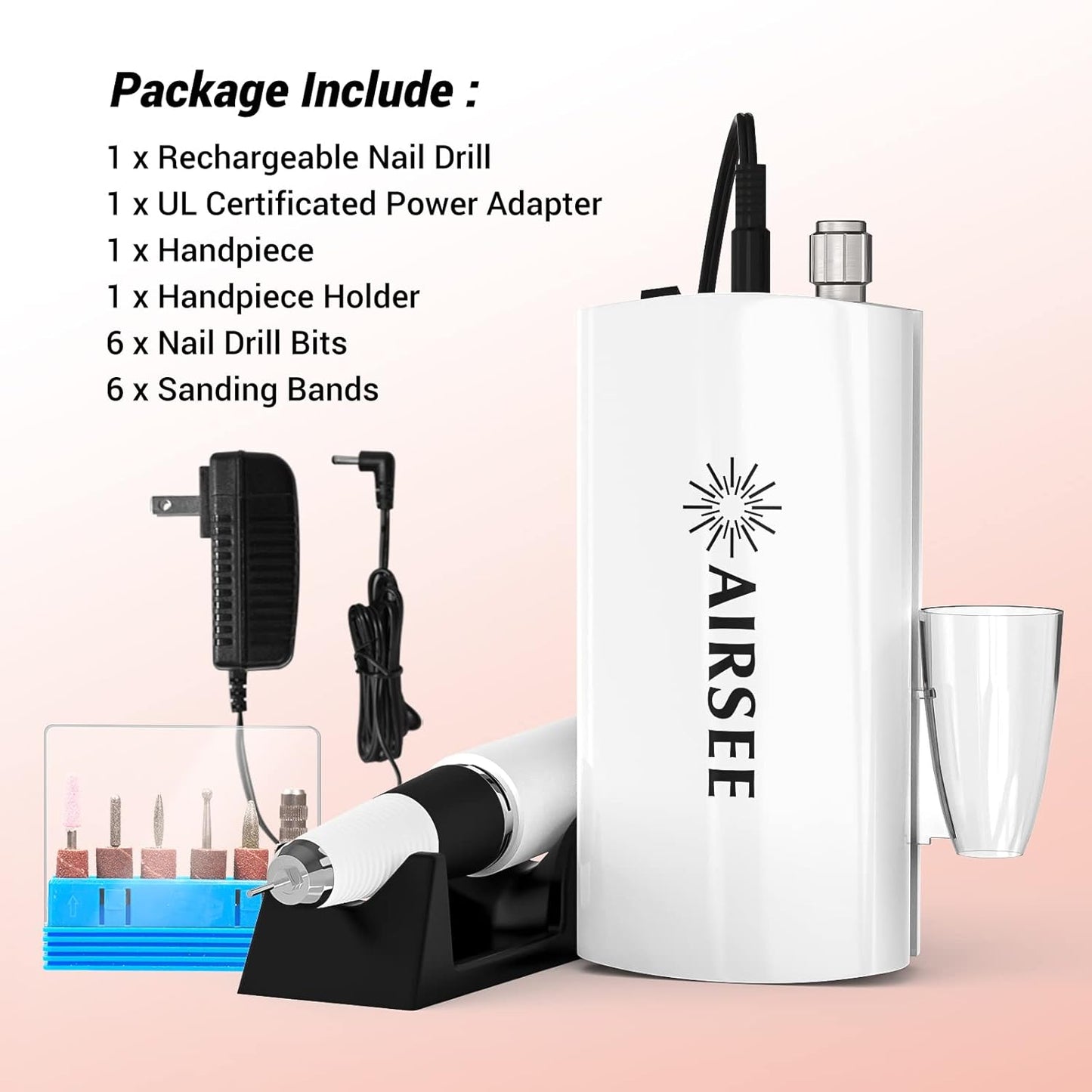 AIRSEE Professional Rechargeable 30000 RPM Nail Drill Machine Portable Efile Electric Nail File Wireless Manicure Pedicure Set Acrylic Gel Nail Grinder Tools with 6 Bits and Sanding Bands E6 White