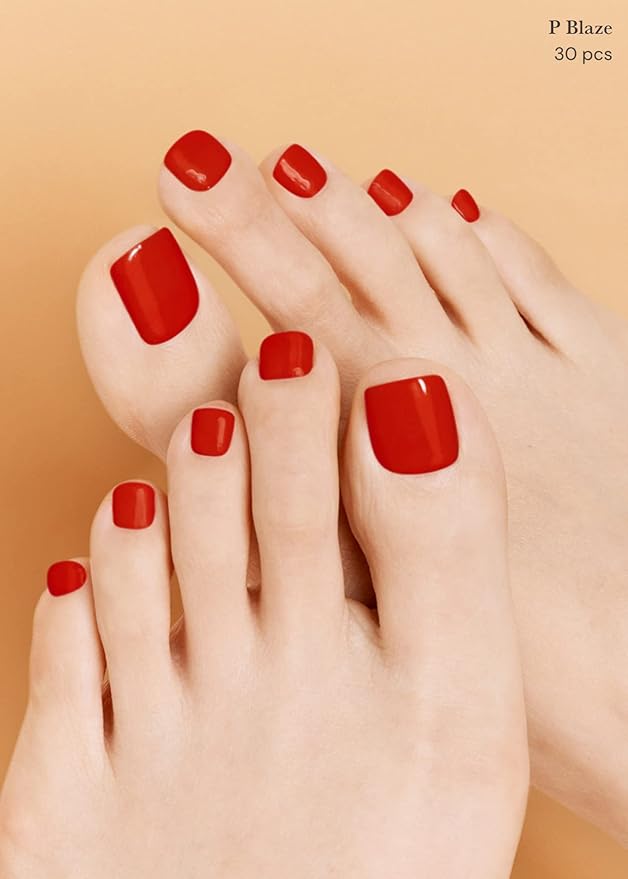 ohora Semi Cured Gel Pedi Strips (P Blaze) - Red, Solid, Works with Any UV/LED Nail Lamps, Salon-Quality, Long Lasting, Easy to Apply & Remove - Includes 2 Prep Pads, Nail File & Wooden Stick