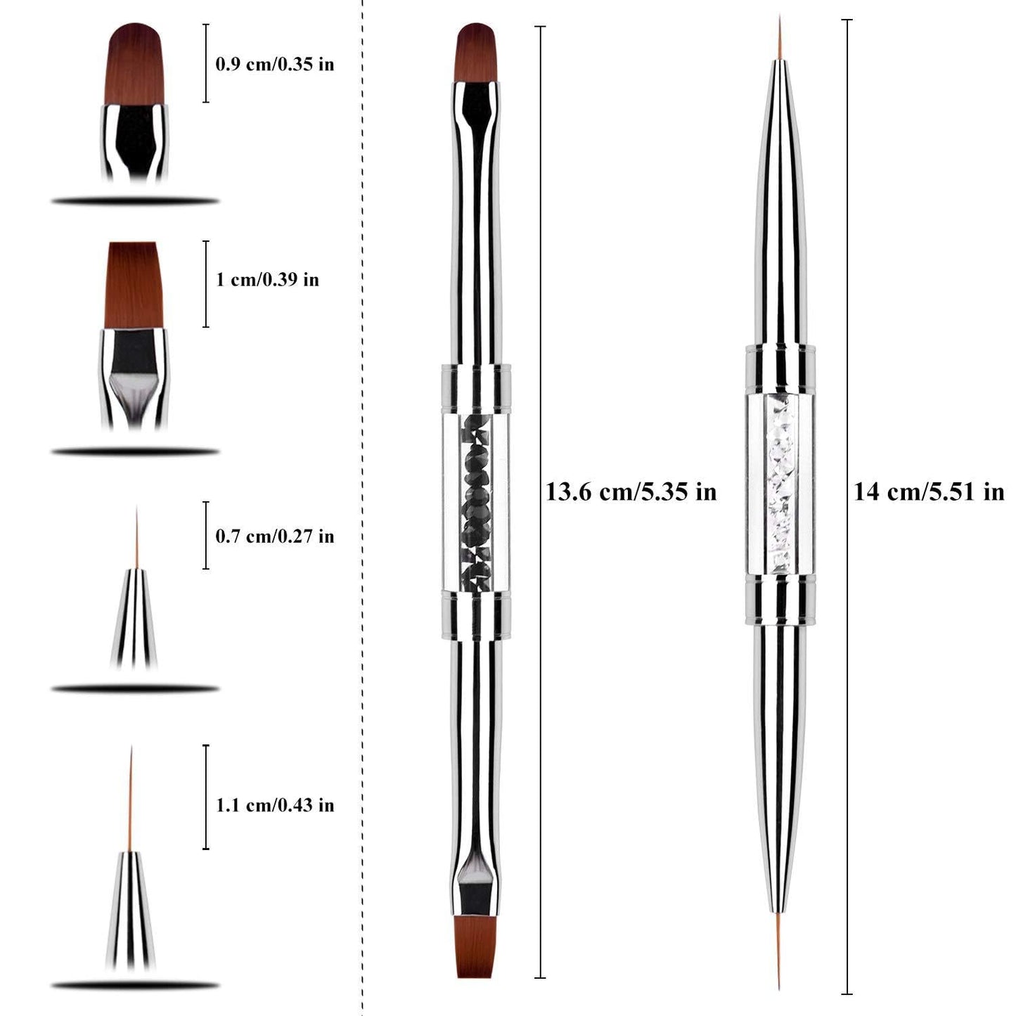 2PCS Professional Nail Art Brushes Set – Dual-Ended French Manicure & Gel Liner Brush with Rhinestone Handle, Acrylic Nails & Home Nail Design (Round head, flat head, wire drawing)