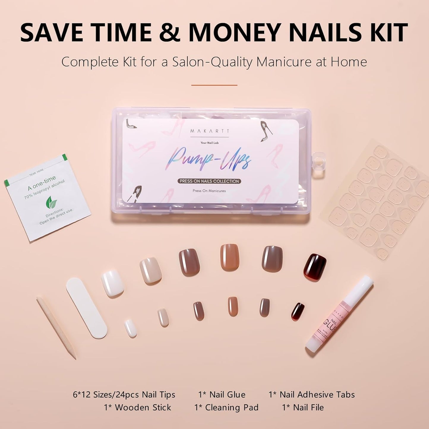 Makartt Press on Nails Kit: Short Deep Neutrals Coffin Tips in 6 Styles 144PCS, Natural Fit with Adhesive Tabs, Glue, and File, Manicure Set for Home Salon