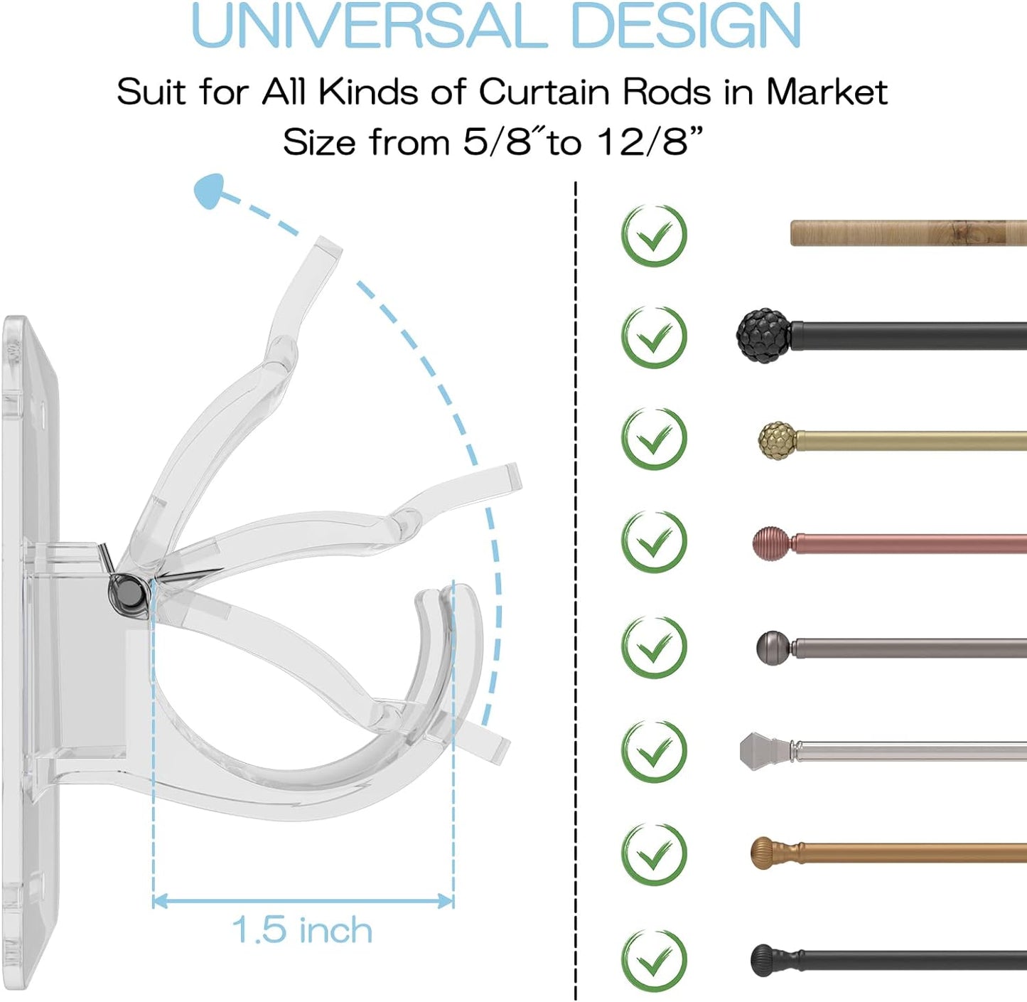 CIEMGNZOC 8PCS No Drill Curtain Brackets, Nail Free Adjustable Curtain Hooks for Rods Under 1.57 Inch (Transparent)