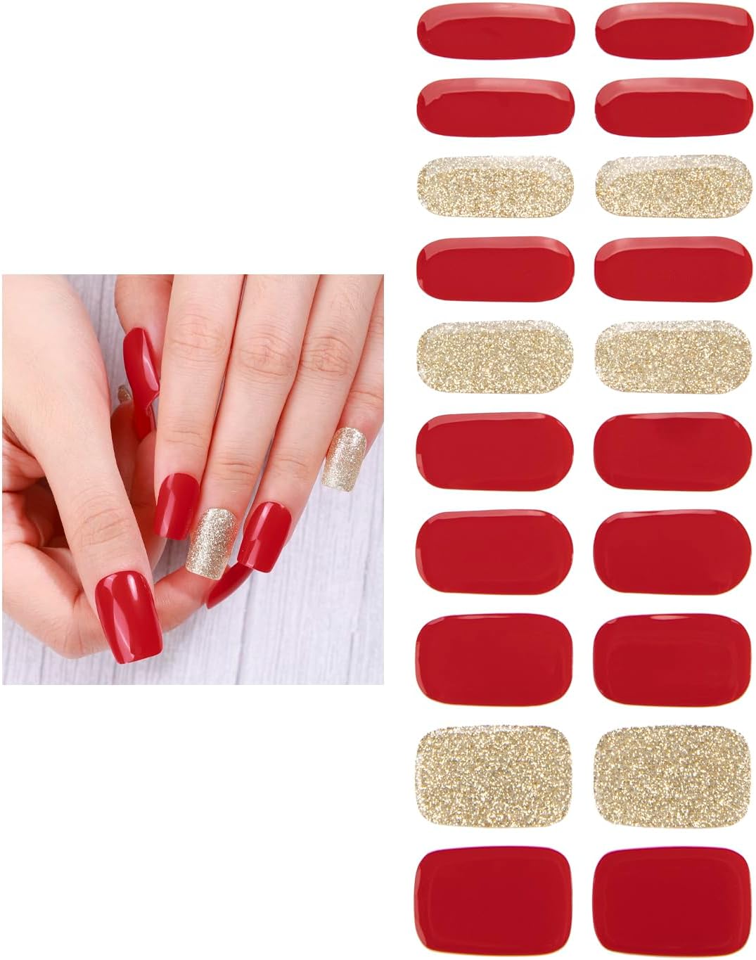 Gel Nail Strips 20 Pcs Wraps - Red Gold Glitter, Easy Apply Gel Nail Stickers Long Lasting, Salon-Quality, 2 Prep Pads, 1 File, 1 Wooden Stick, UV Light Required