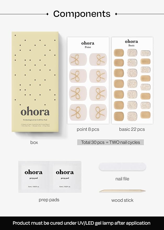 ohora Semi Cured Gel Pedi Strips (P Gold Charlotte) - Works with Any Lamps, Salon-Quality, Long Lasting, Easy to Apply & Remove - Includes 2 Prep Pads, Nail File & Wooden Stick
