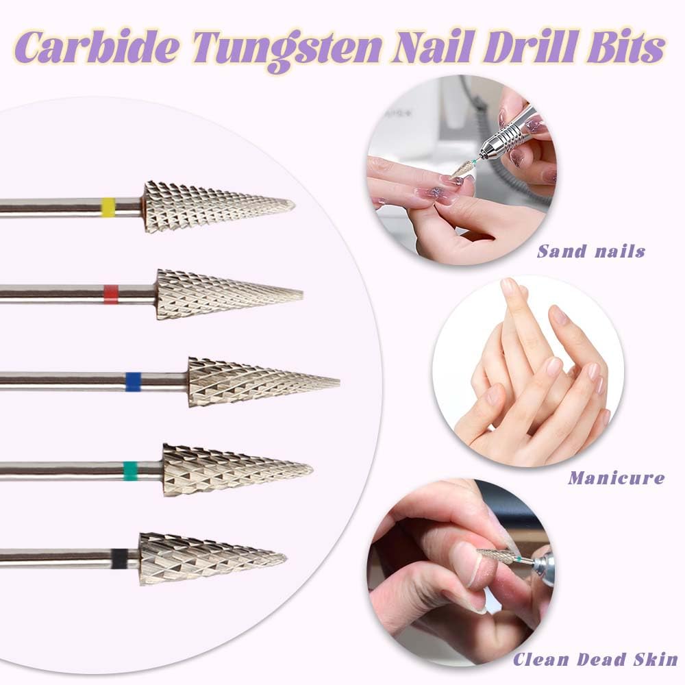 Yakamoz 5Pcs Tapered Nib Nail Drill Bits Set - 3/32’’ Carbide Tungsten Safety Electric Nail File for Remove Cuticle Gel Polishing, Manicure and Pedicure (XC, C, M, XF, F)