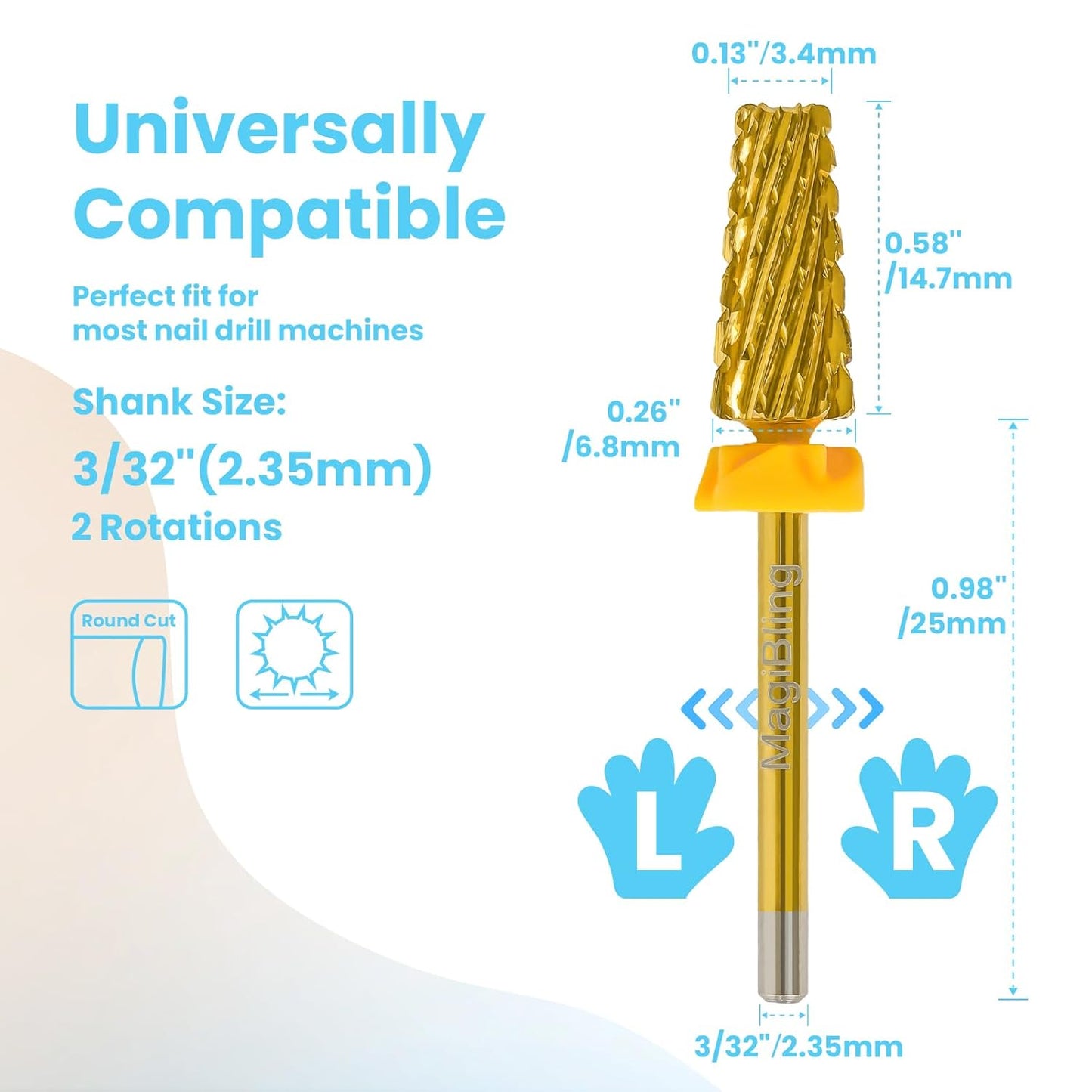 Professional 5 in 1 Tapered Nail Drill Bits, 3/32'' Safety Tungsten Carbide Bits, Remove Gel Fast Left & Right Hand Use, Easy for Beginner, Technicians Bits, Gold, Double Coarse.