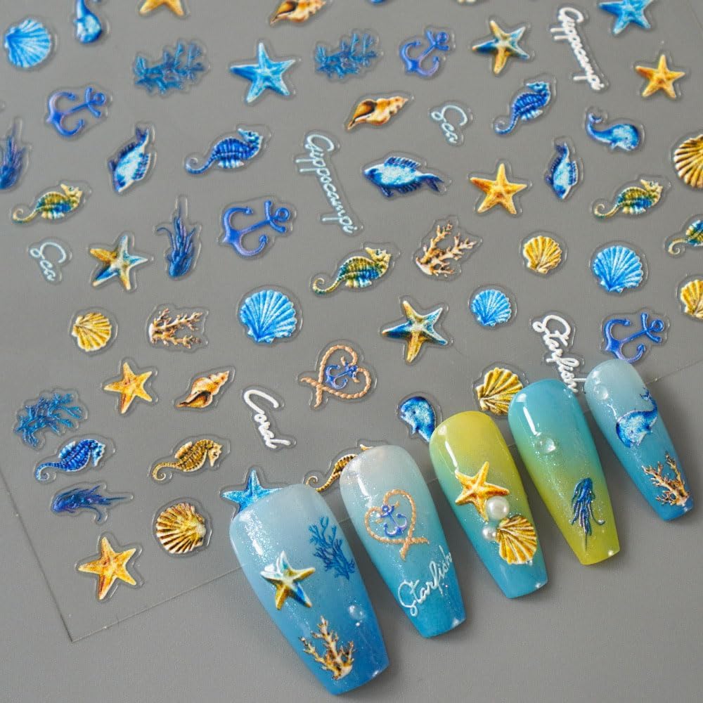 4 Sheets Ocean Life Nail Art Stickers, 5D Embossed Self-Adhesive Starfish and Shell Nail Stickers Summer Sea Theme Design for Women Girls DIY Nail Salons Manicure Decoration