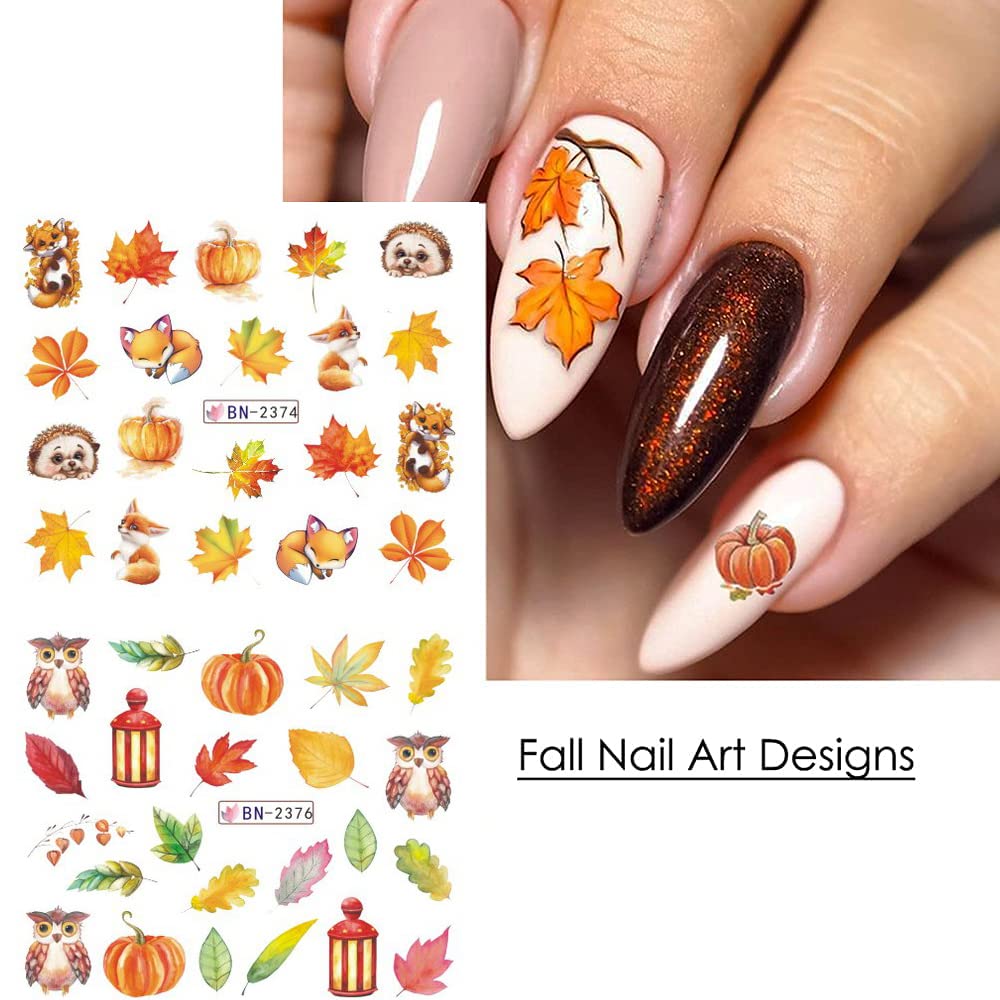 Fall Nail Art Stickers Autumn Nail Water Decals Maple Leaf Pumpkin Small Animals Thanksgiving Nail Stickers Water Transfer Foil Designs Nail Decals for Women Girls DIY Nail Decorations (12 Sheets)
