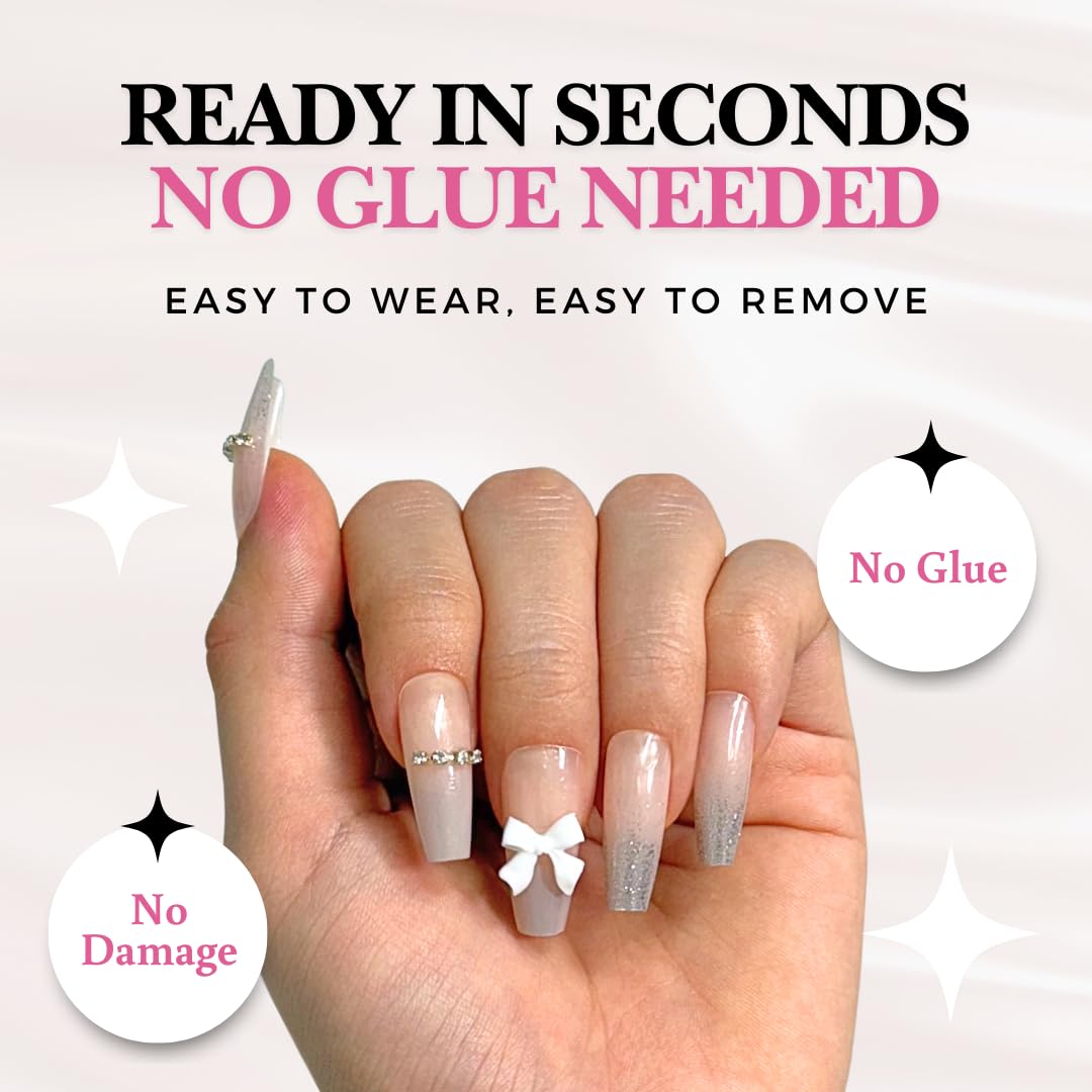 Perfect Look Press On Nails - Bridal Glow | No Glue One-Day Coffin Nails, Nude Gloss Finish Nails with Glitter French Tips - 24 Pcs Nail Kit with Adhesive Tabs