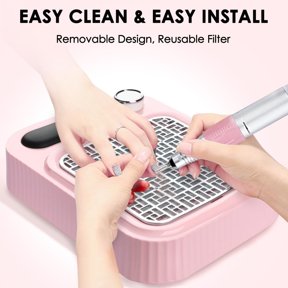 Pink Nail Dust Collector with Reusable Filter for Acrylic Gel Nails, 80W Power Nail Vacuum Cleaner Dust Catcher Adjustable Dust Sucker for Nails Manicure Pedicure at Home Nail Salons