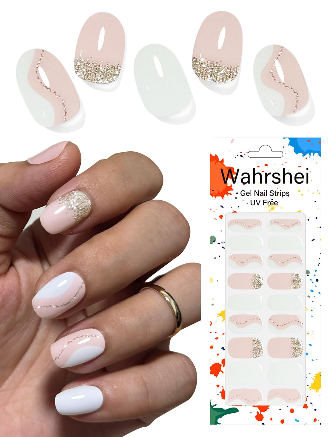 Gel Nail Strips No UV, Glitter White, UV Free, Long Lasting Gel Stickers - Contains 22 Wraps, 1 Prep Pad, 1 File