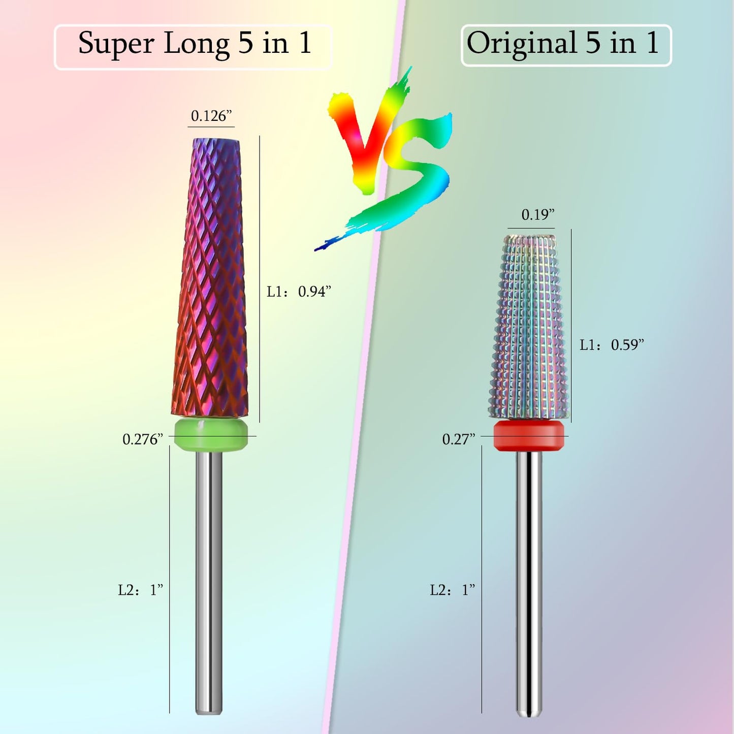 Super Long 5 in 1 Nail Drill Bits,Two Way Rotary Nail Cleaner Carbide Tungsten Nail Bits, Suitable for Manicure Pedicure Cuticle Gel Polishing Acrylic Hard Gels (Purple, Coarse-C)