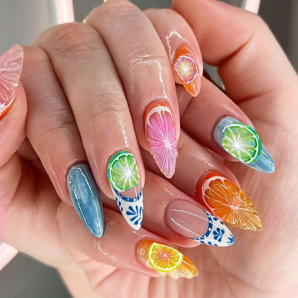 5D Embossed Fruit Nail Art Stickers, Lemon Kiwi Design, Colorful Summer Nail Decals, 2 Pieces