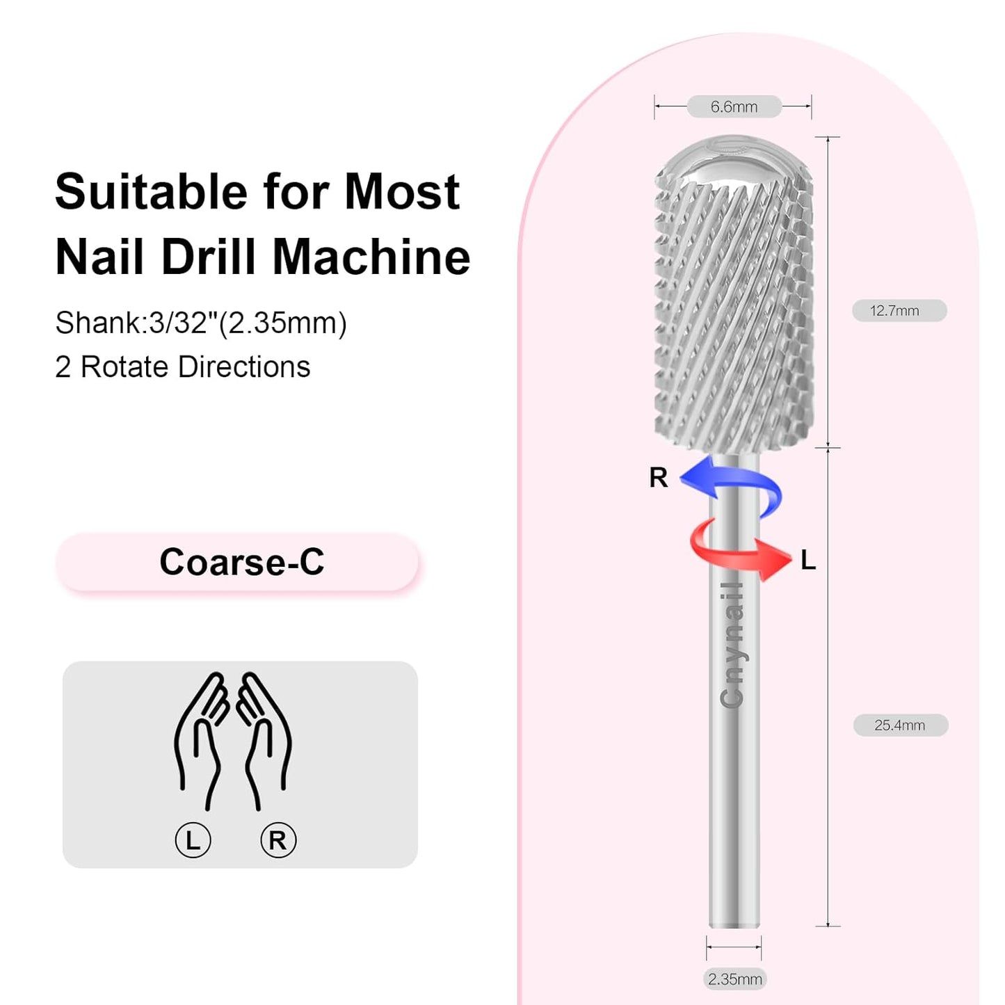 3/32" Large Barrel Smooth Round Top Tungsten Carbide Nail Drill Bit Safety Bit for Gel & Acrylic Removal, 2-Way Rotating Efile Tip, Salon Electric File Accessory (C Grit, Silver)