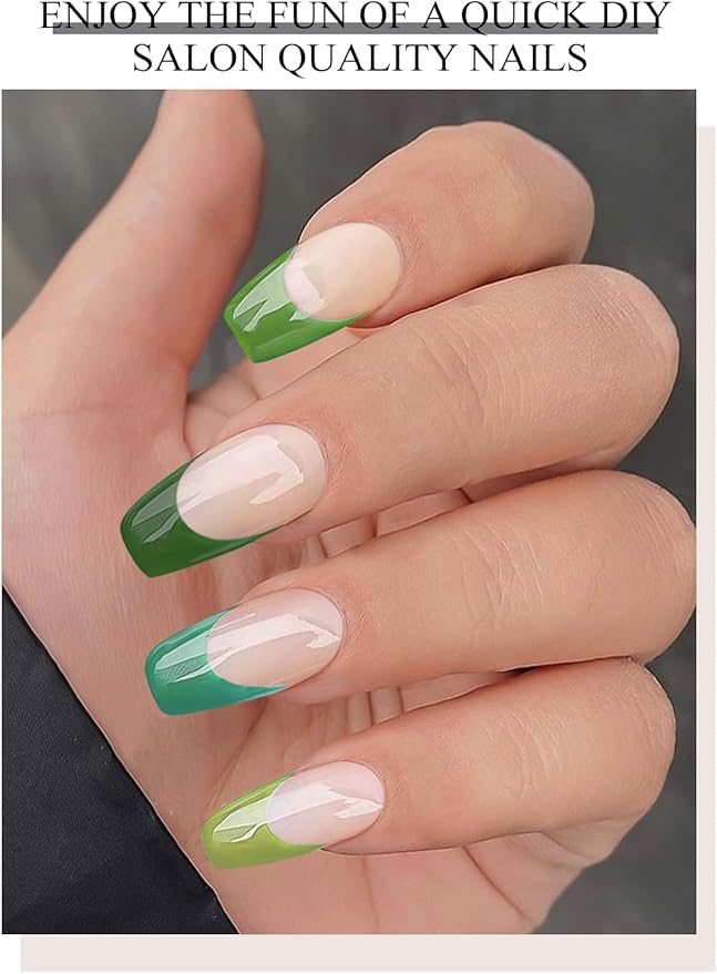 EBANKU 20Pcs Semi-Cured Gel Nail Strips,Green Deep French Nail Sticker, Lasting Waterproof Full Nail Wraps Stickers for Salon Manicures, Perfect for Women, Girl with Nail File and Stick